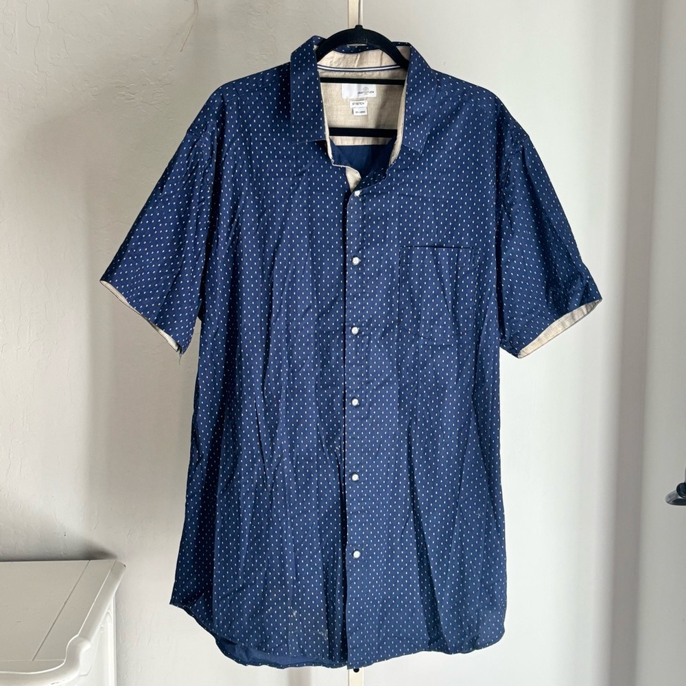Craft + Flow Navy + Tan Geo Print Stretch Short Sleeve Button Shirt, XXL